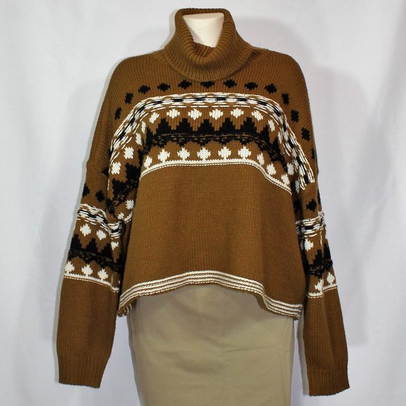 Oak and Ivy knit sweater brown with geometric pattern oversize turtleneck Medium - Picture 1 of 8